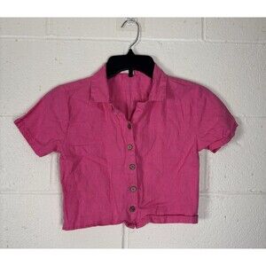 Pink Button-Down Cropped Shirt | Soft Lightweight Short Sleeve Top | Casual